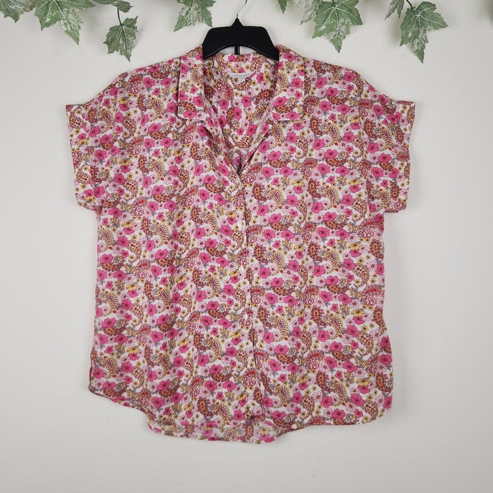 Lucky Brand Size L Floral Paisley Relaxed Fit Boxy Short Sleeve Top Blouse
